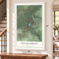 Jordan, Minnesota map, 24 x 36 inch print in a white frame by a staircase