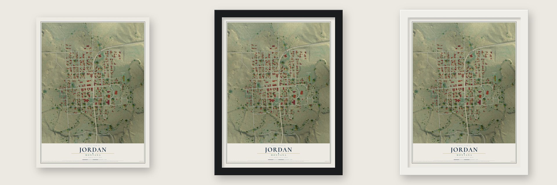 Jordan, Montana map unframed, in a black wood frame and in a white wood frame