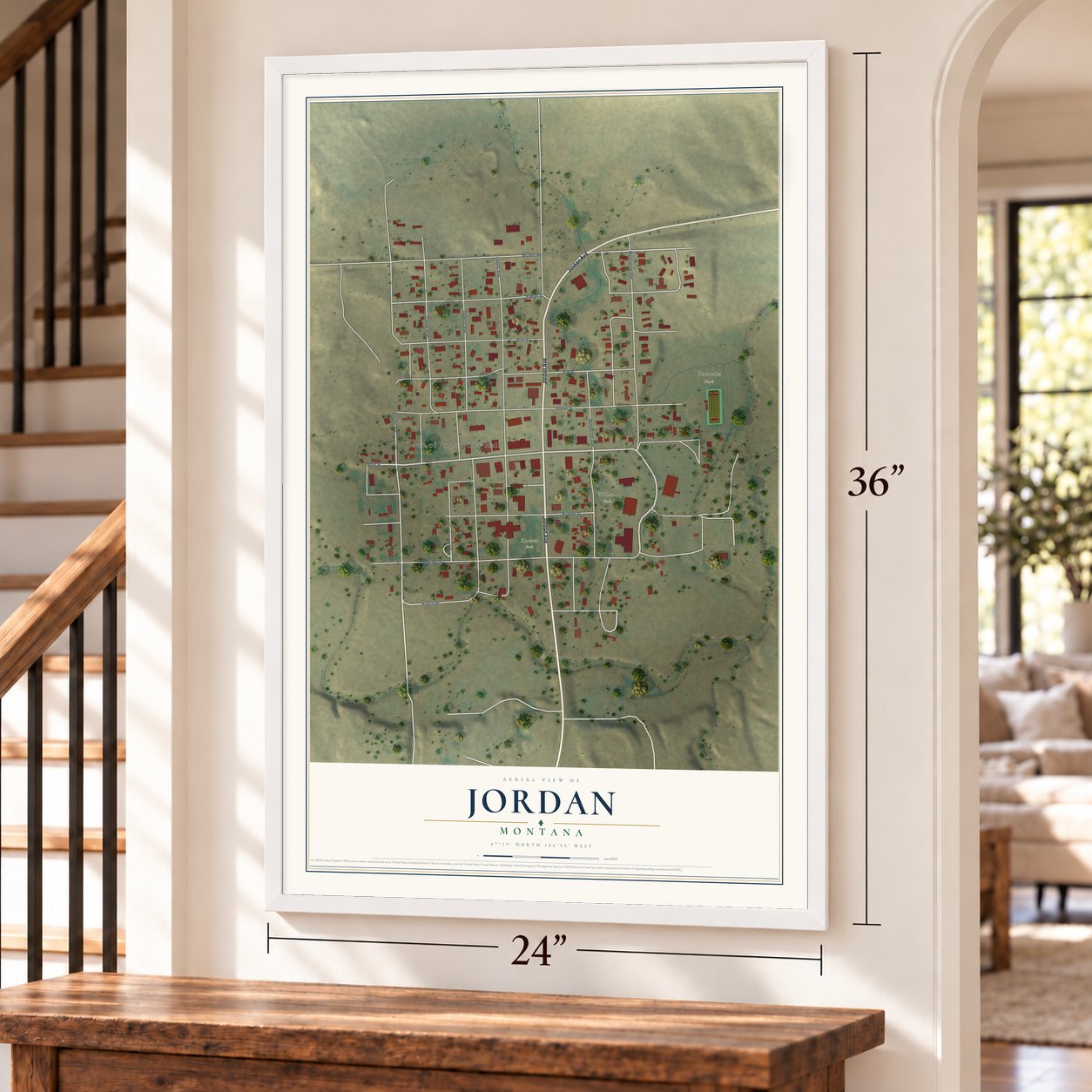 Jordan, Montana map, 24 x 36 inch print in a white frame by a staircase