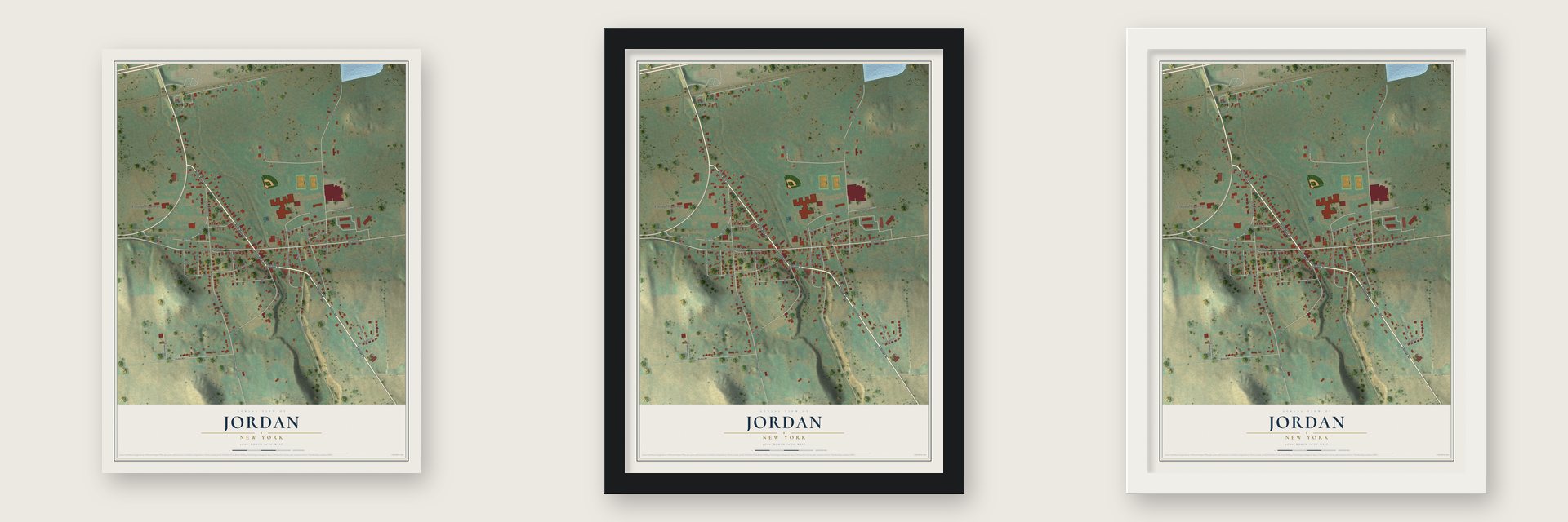 Jordan, New York map unframed, in a black wood frame and in a white wood frame
