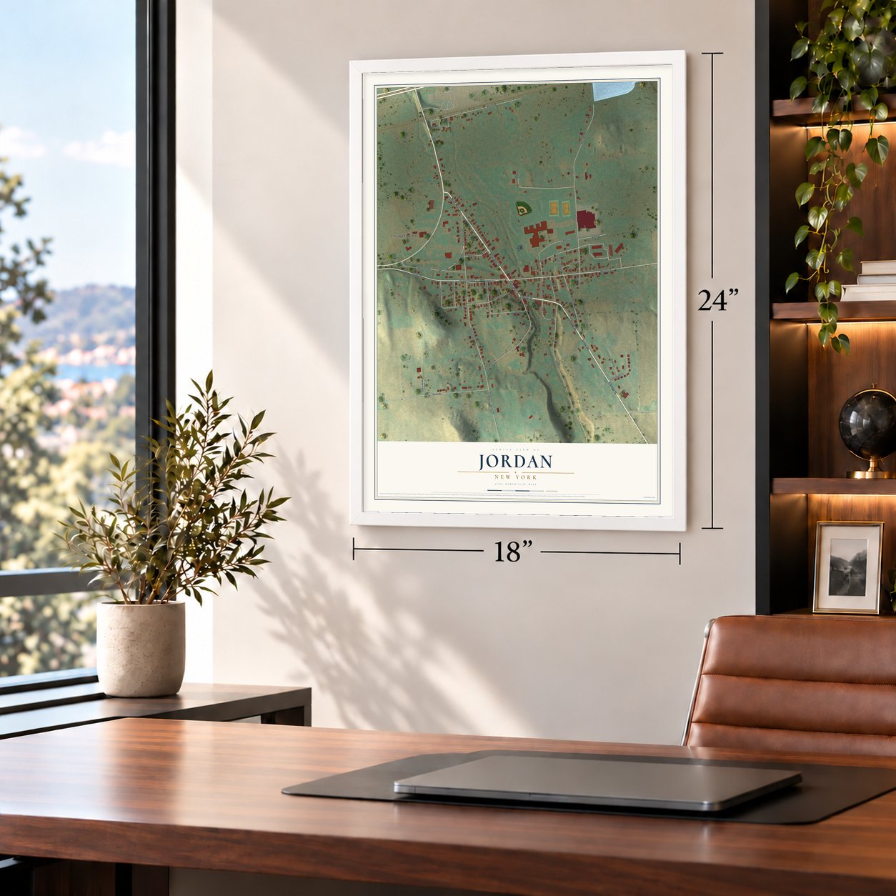 Jordan, New York map, 18 x 24 inch print in a white frame in a home office