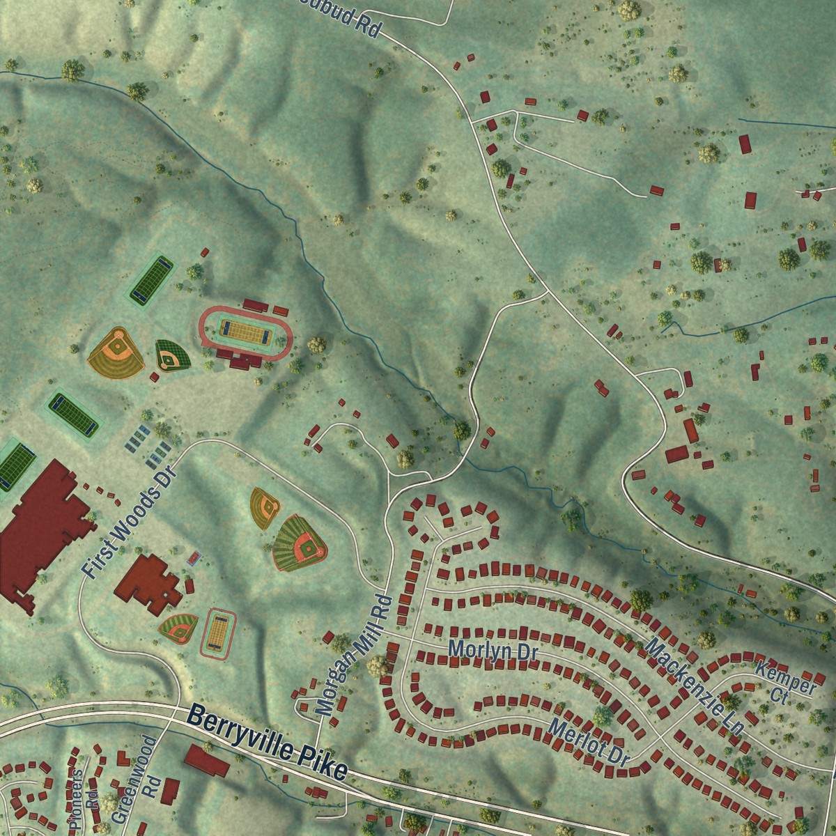 Second close-up of the map of Jordan Springs, Virginia print showing more streets and buildings