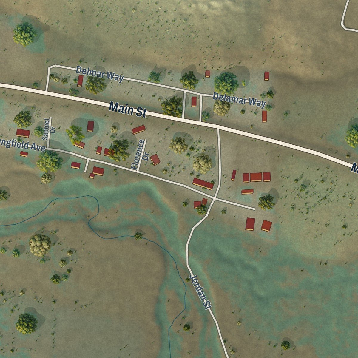 Second close-up of the map of Jordan Valley, Oregon print showing more streets and buildings