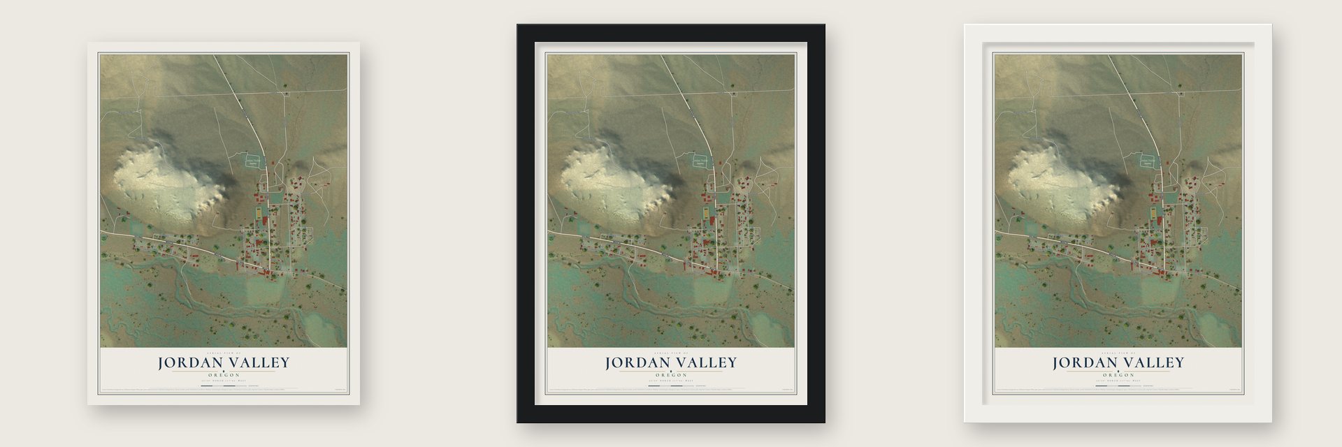 Jordan Valley, Oregon map unframed, in a black wood frame and in a white wood frame