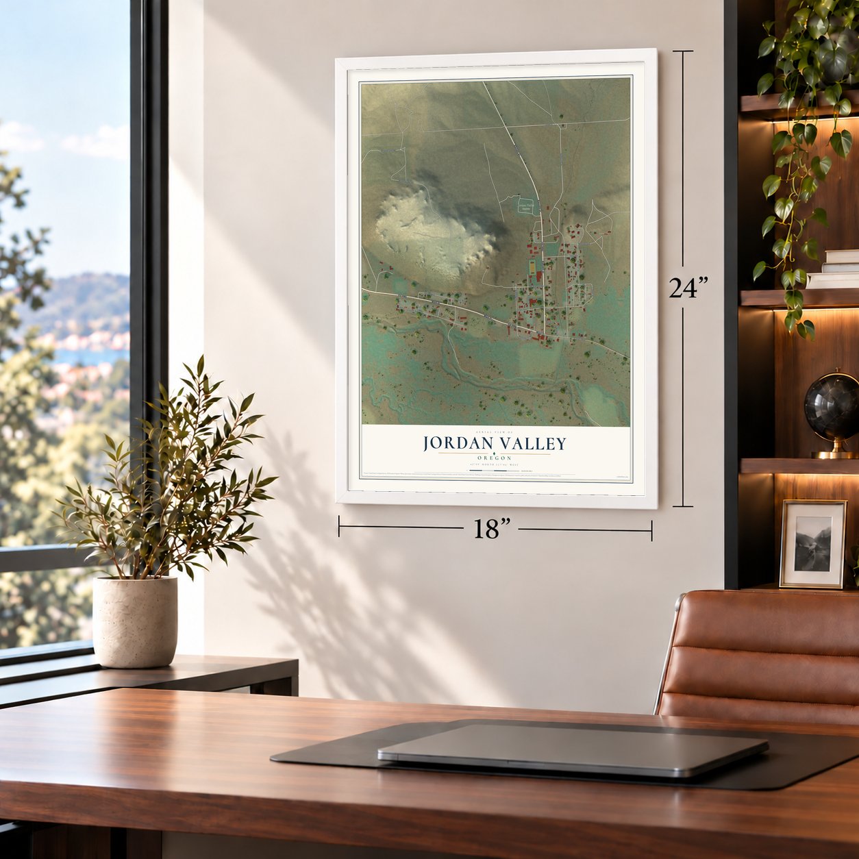 Jordan Valley, Oregon map, 18 x 24 inch print in a white frame in a home office