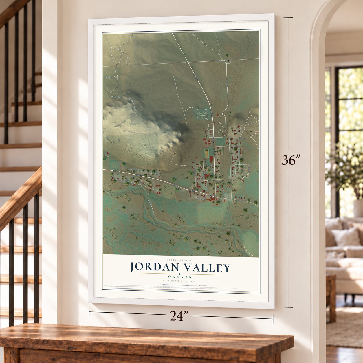 Jordan Valley, Oregon map, 24 x 36 inch print in a white frame by a staircase