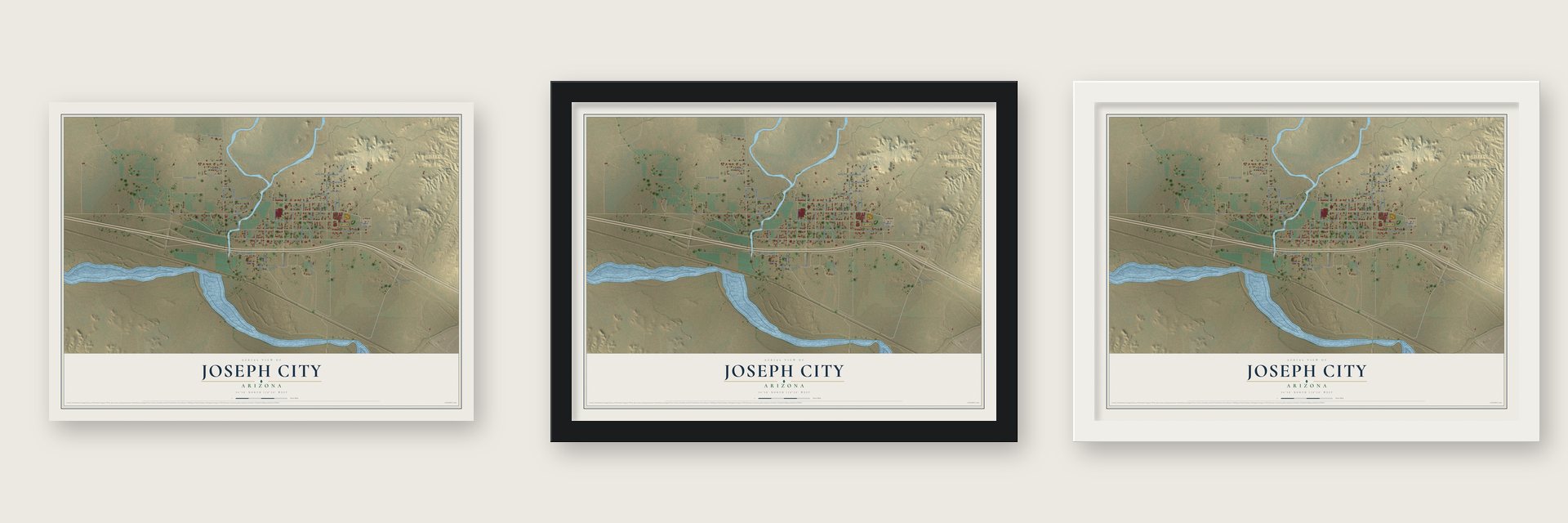 Joseph City, Arizona map unframed, in a black wood frame and in a white wood frame