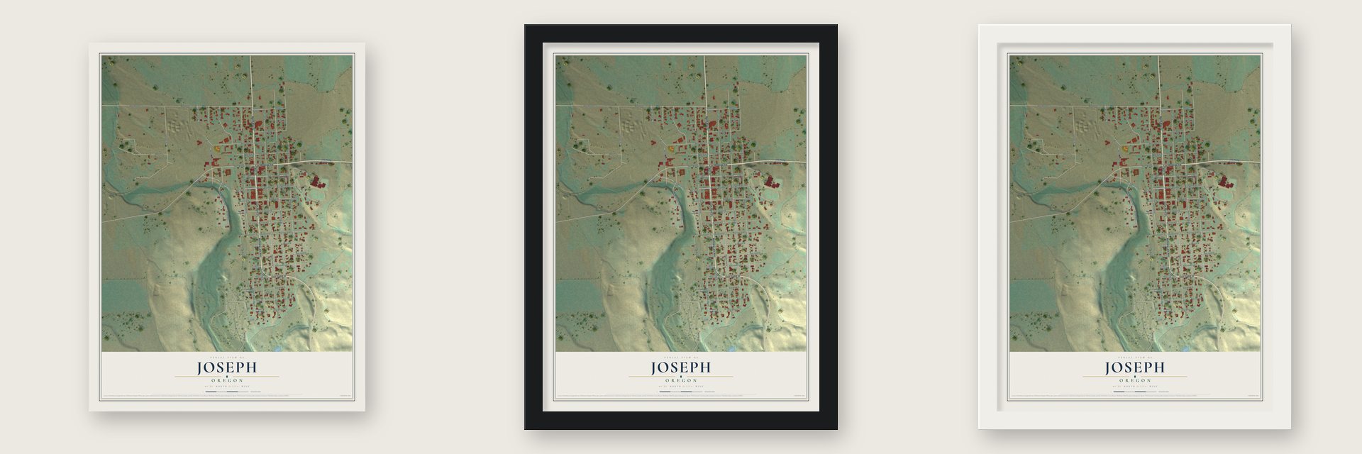 Joseph, Oregon map unframed, in a black wood frame and in a white wood frame
