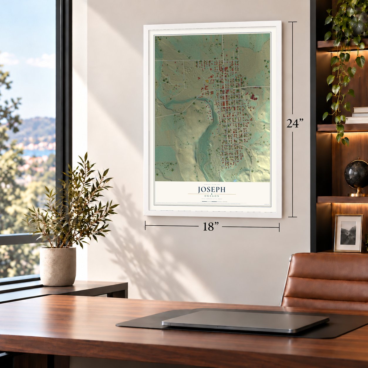 Joseph, Oregon map, 18 x 24 inch print in a white frame in a home office