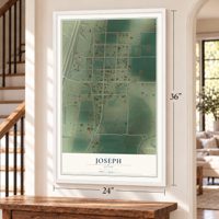 Joseph, Utah map, 24 x 36 inch print in a white frame by a staircase