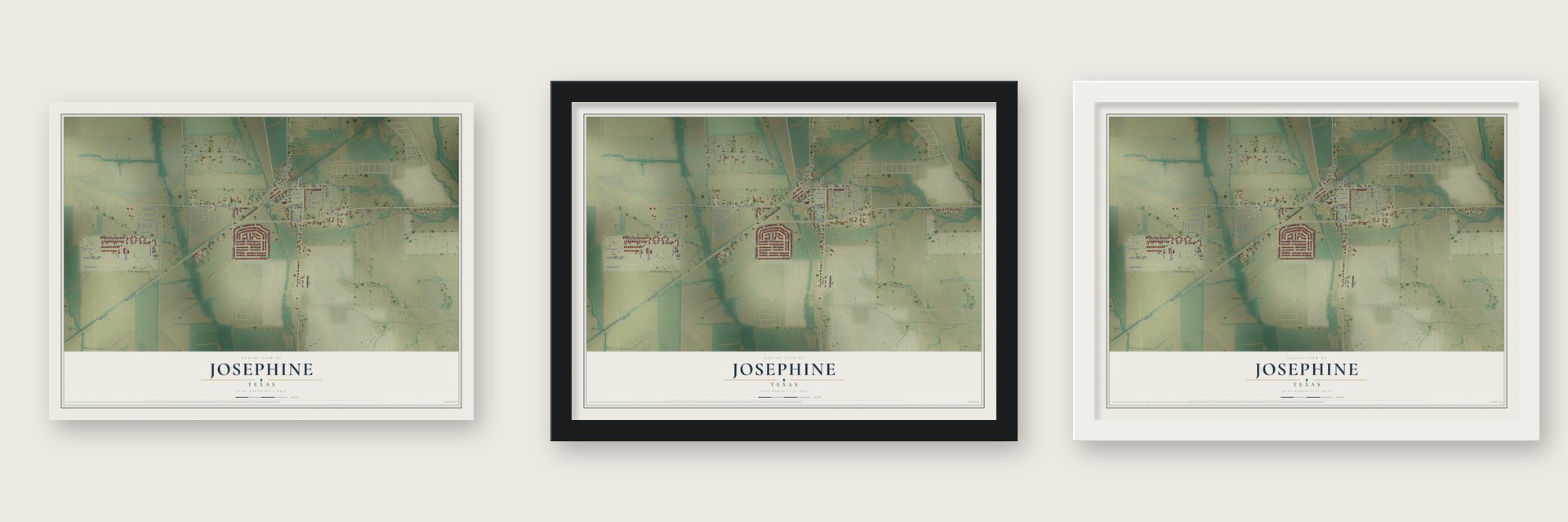 Josephine, Texas map unframed, in a black wood frame and in a white wood frame