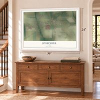 Josephine, Texas map, 24 x 36 inch print in a white frame above a dresser by a staircase