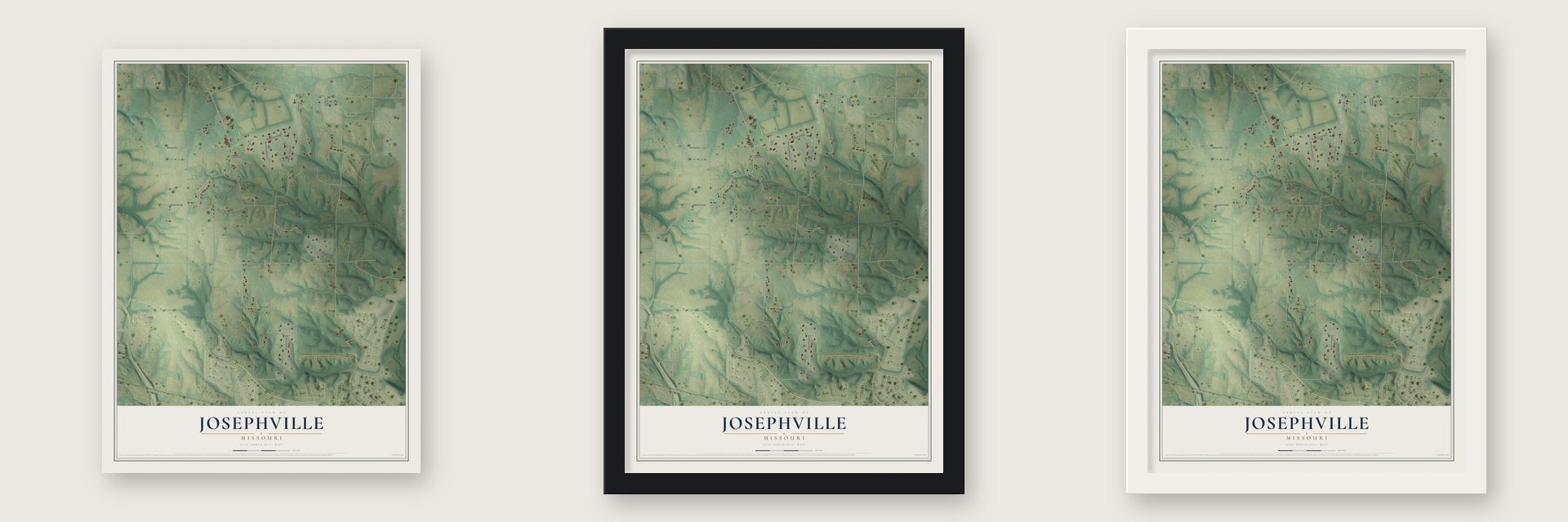 Josephville, Missouri map unframed, in a black wood frame and in a white wood frame