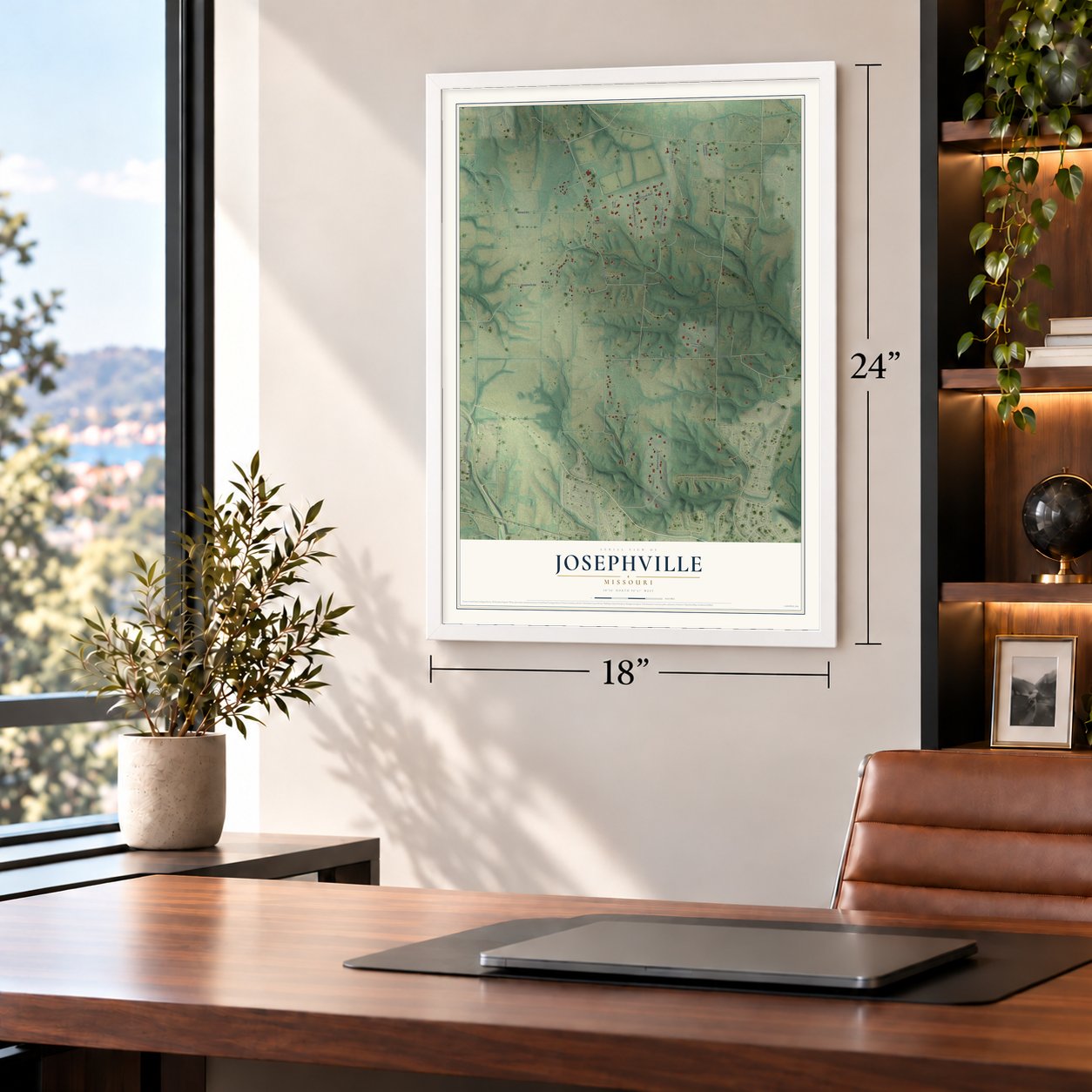 Josephville, Missouri map, 18 x 24 inch print in a white frame in a home office