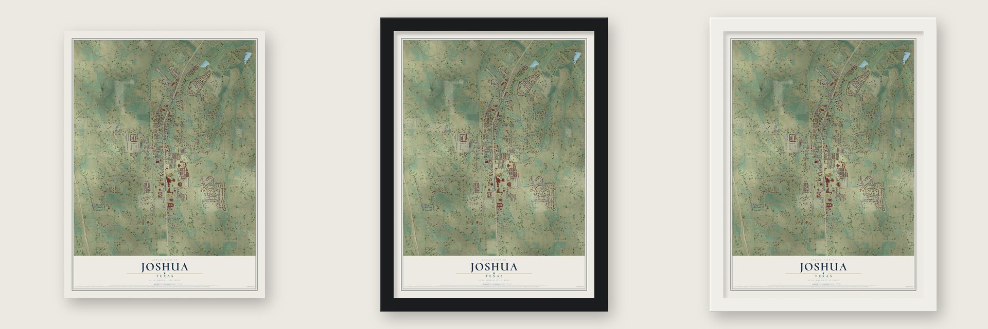 Joshua, Texas map unframed, in a black wood frame and in a white wood frame