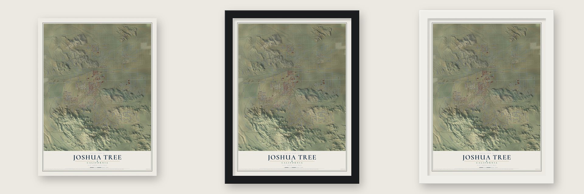 Joshua Tree, California map unframed, in a black wood frame and in a white wood frame
