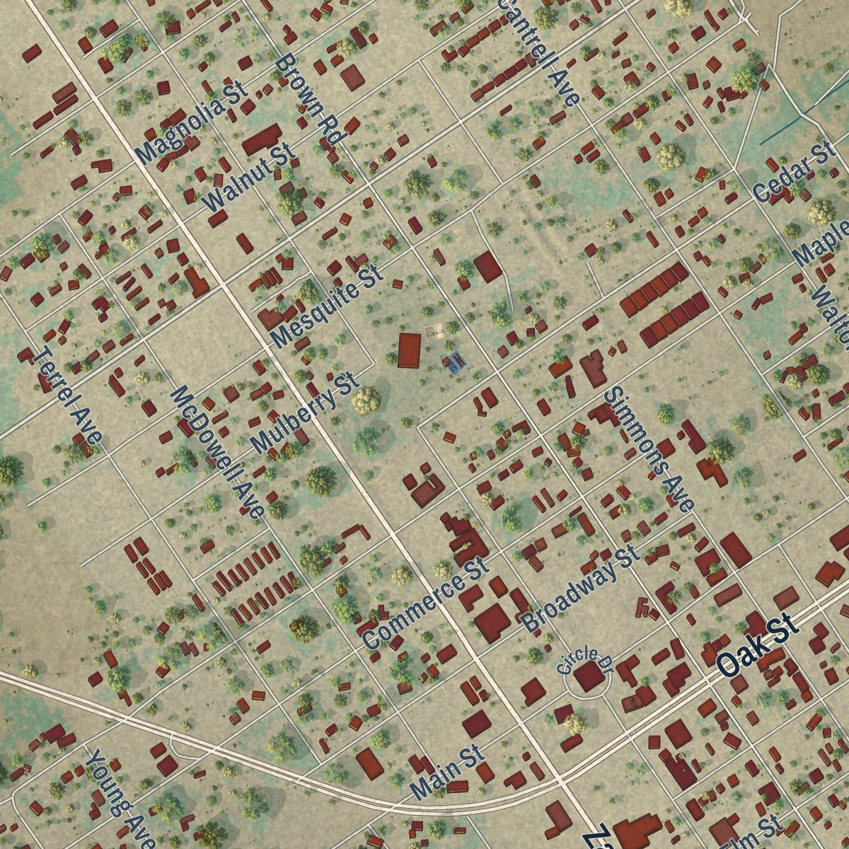 Second close-up of the map of Jourdanton, Texas print showing more streets and buildings