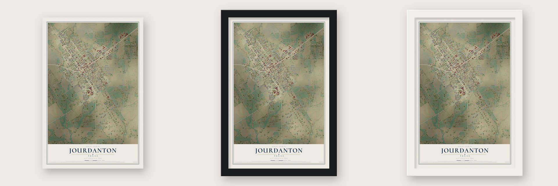Jourdanton, Texas map unframed, in a black wood frame and in a white wood frame