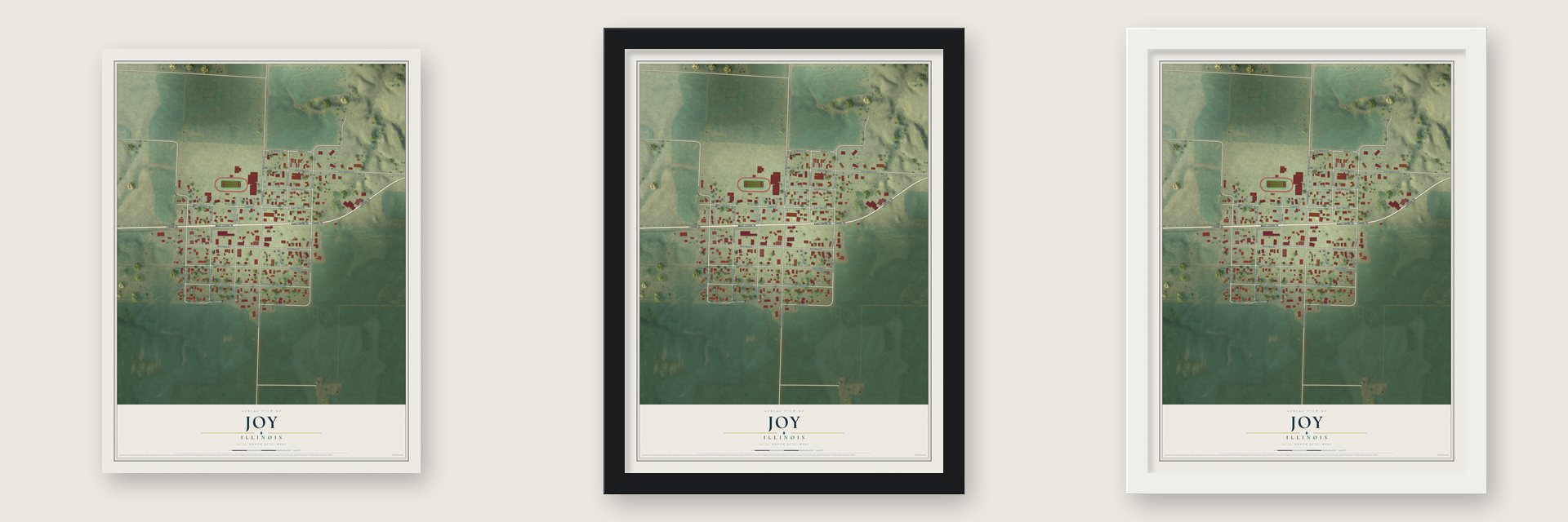 Joy, Illinois map unframed, in a black wood frame and in a white wood frame
