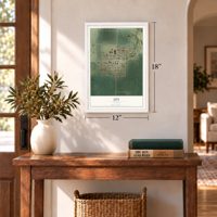 Joy, Illinois map, 12 x 18 inch print in a white frame in an entryway