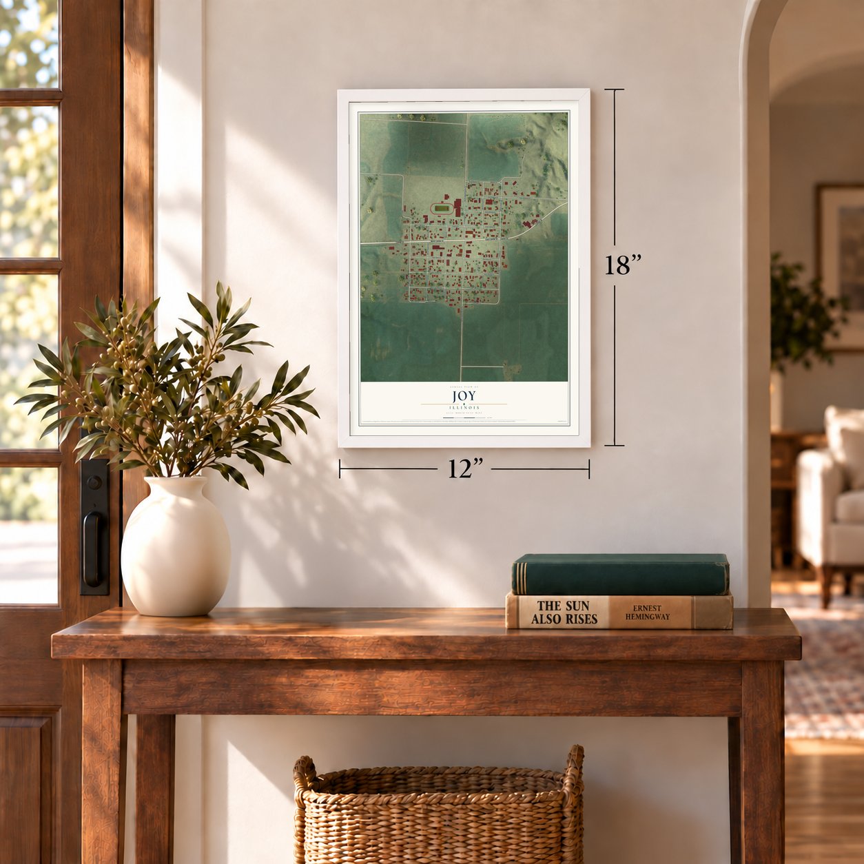 Joy, Illinois map, 12 x 18 inch print in a white frame in an entryway