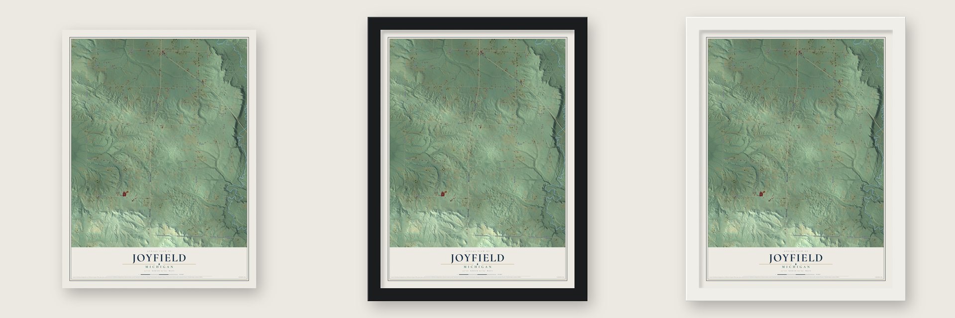 Joyfield, Michigan map unframed, in a black wood frame and in a white wood frame