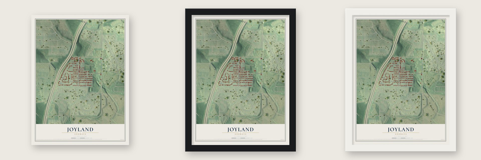 Joyland, Georgia map unframed, in a black wood frame and in a white wood frame