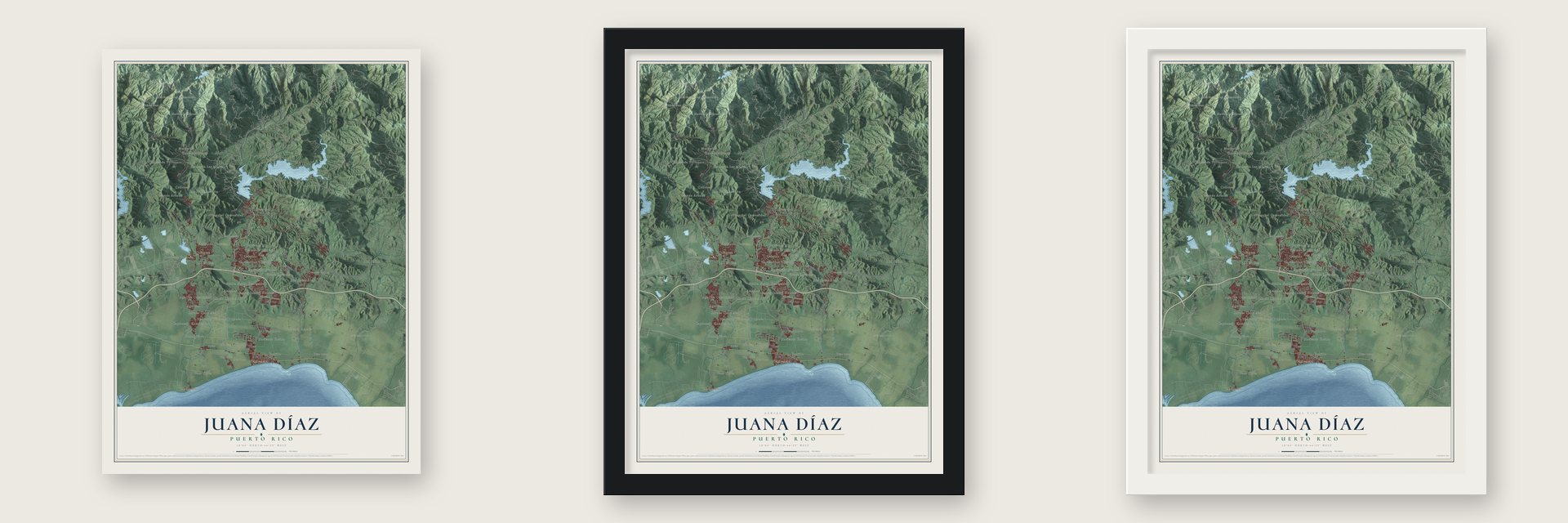 Juana Díaz, Puerto Rico map unframed, in a black wood frame and in a white wood frame