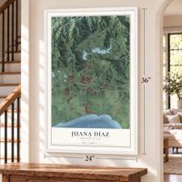 Juana Díaz, Puerto Rico map, 24 x 36 inch print in a white frame by a staircase