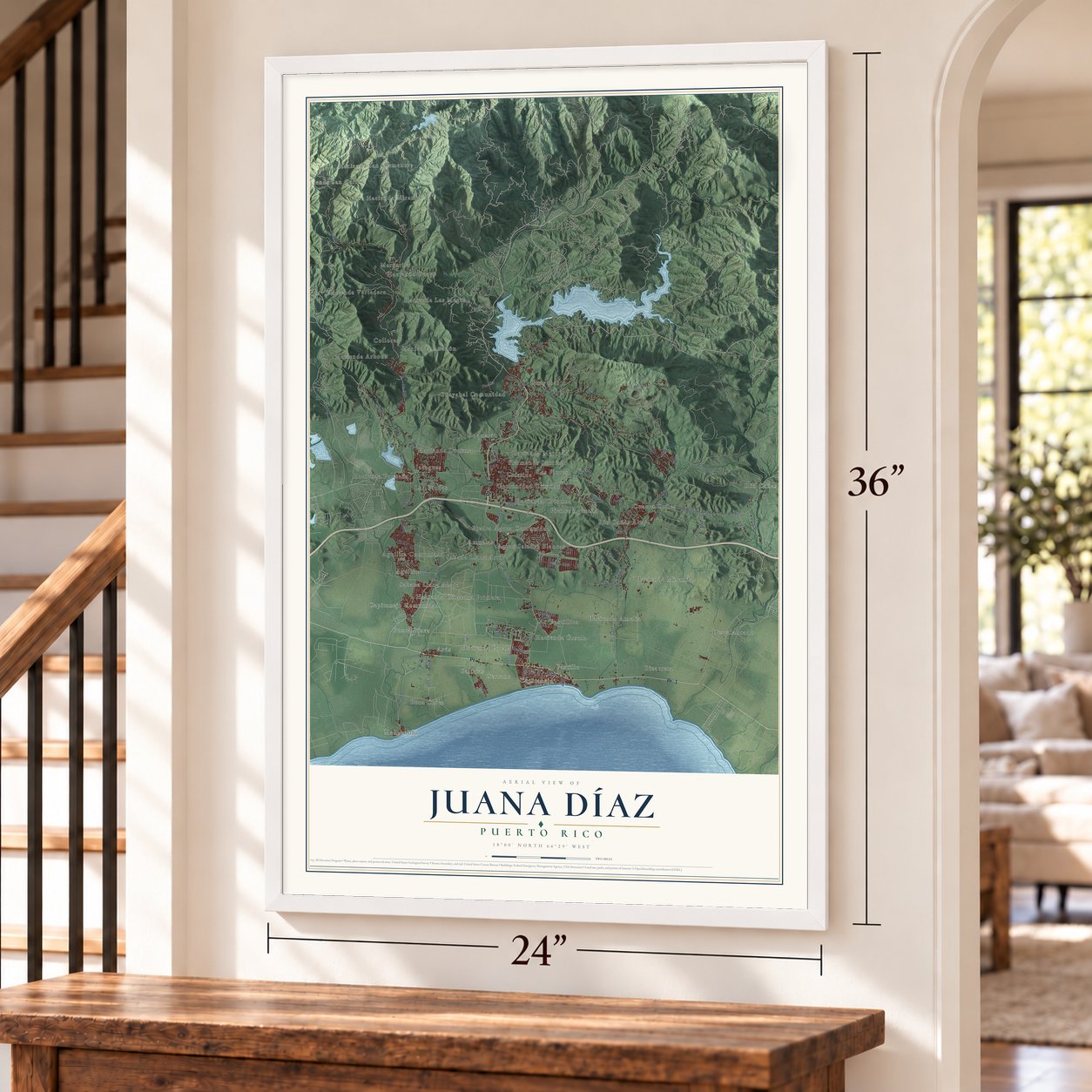 Juana Díaz, Puerto Rico map, 24 x 36 inch print in a white frame by a staircase
