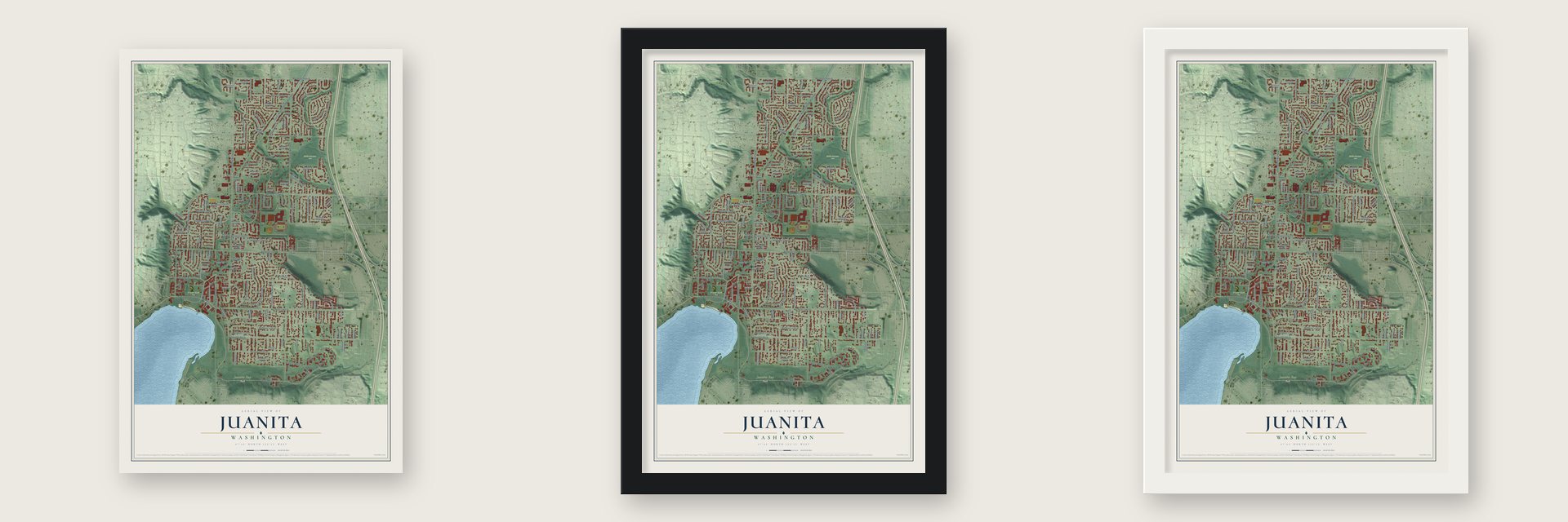 Juanita, Washington map unframed, in a black wood frame and in a white wood frame