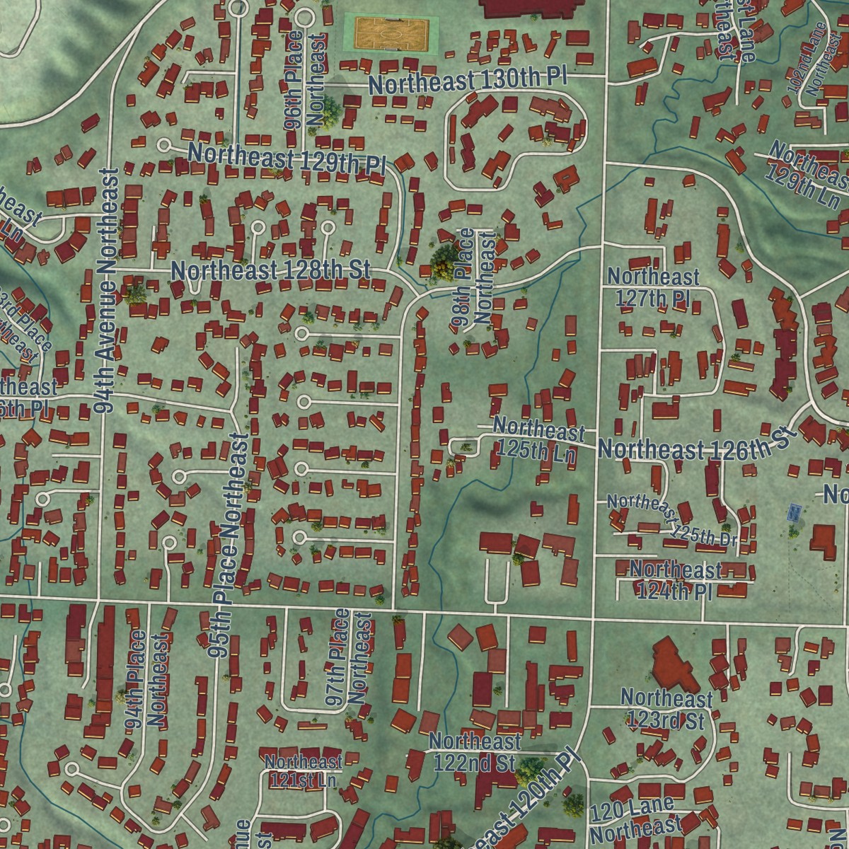 Second close-up of the map of Juanita, Washington print showing more streets and buildings