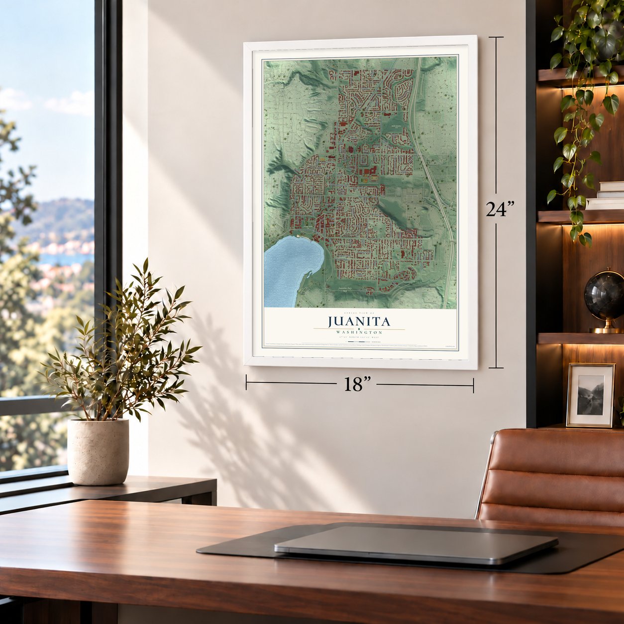 Juanita, Washington map, 18 x 24 inch print in a white frame in a home office