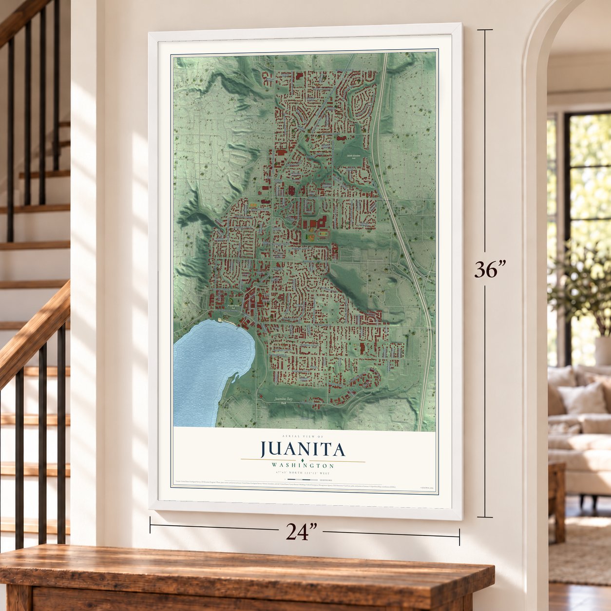 Juanita, Washington map, 24 x 36 inch print in a white frame by a staircase