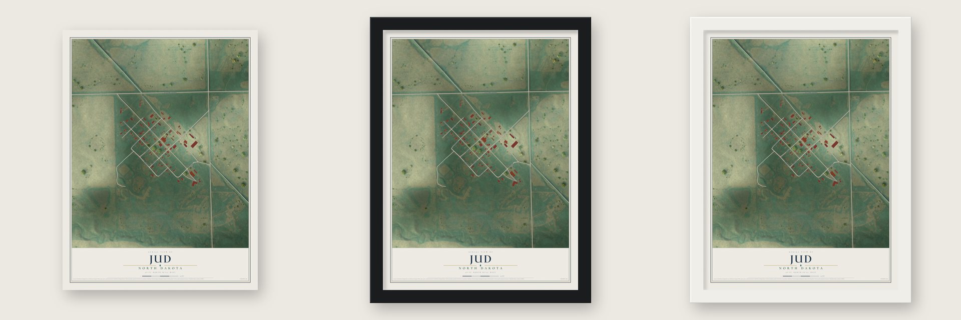 Jud, North Dakota map unframed, in a black wood frame and in a white wood frame