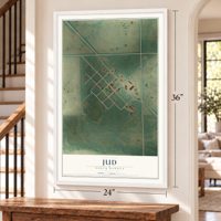 Jud, North Dakota map, 24 x 36 inch print in a white frame by a staircase