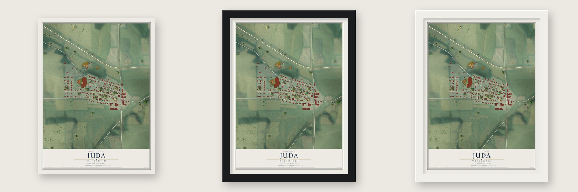Juda, Wisconsin map unframed, in a black wood frame and in a white wood frame