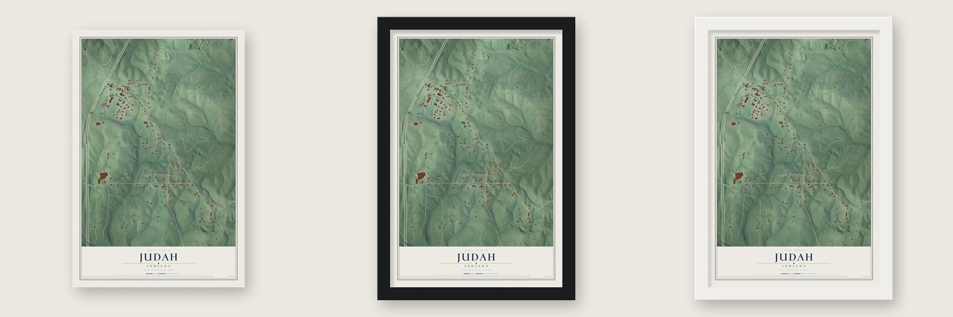 Judah, Indiana map unframed, in a black wood frame and in a white wood frame
