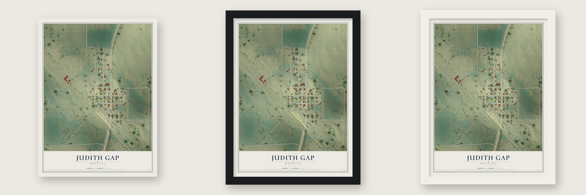 Judith Gap, Montana map unframed, in a black wood frame and in a white wood frame