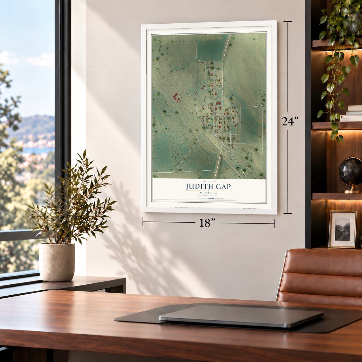 Judith Gap, Montana map, 18 x 24 inch print in a white frame in a home office