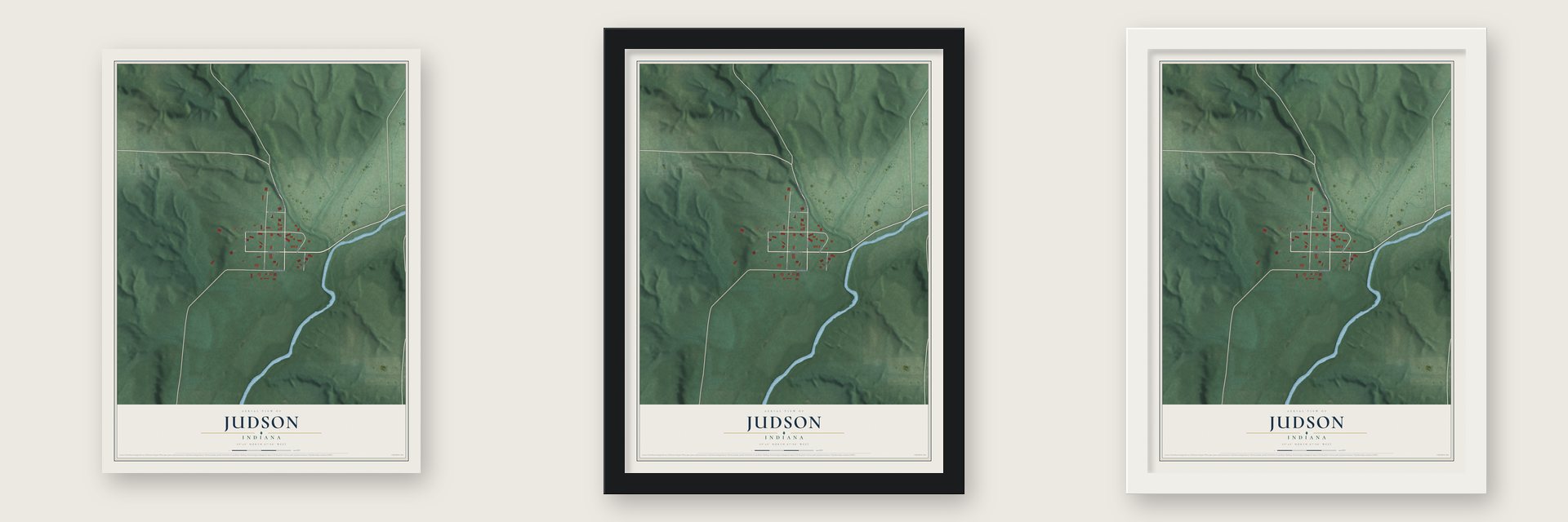 Judson, Indiana map unframed, in a black wood frame and in a white wood frame