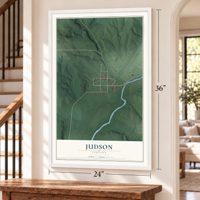 Judson, Indiana map, 24 x 36 inch print in a white frame by a staircase