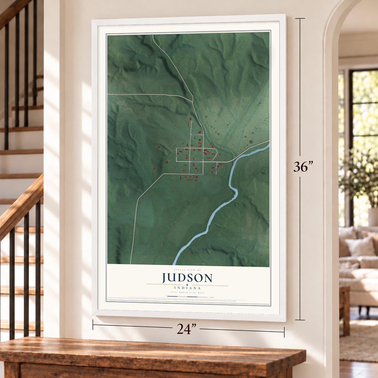 Judson, Indiana map, 24 x 36 inch print in a white frame by a staircase