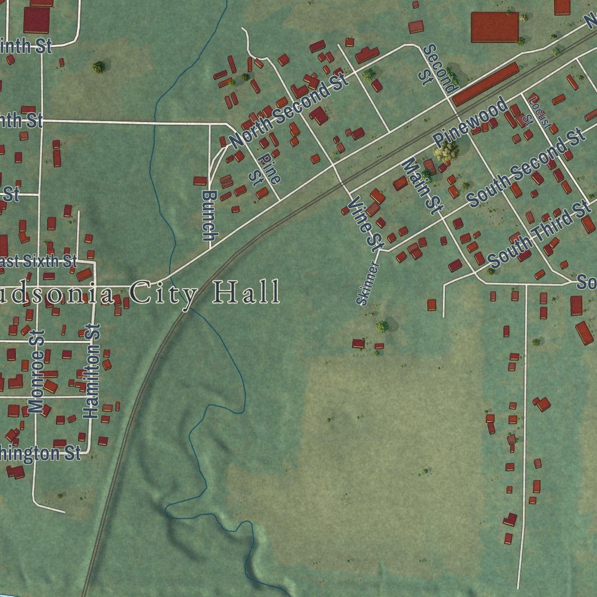 Second close-up of the map of Judsonia, Arkansas print showing more streets and buildings