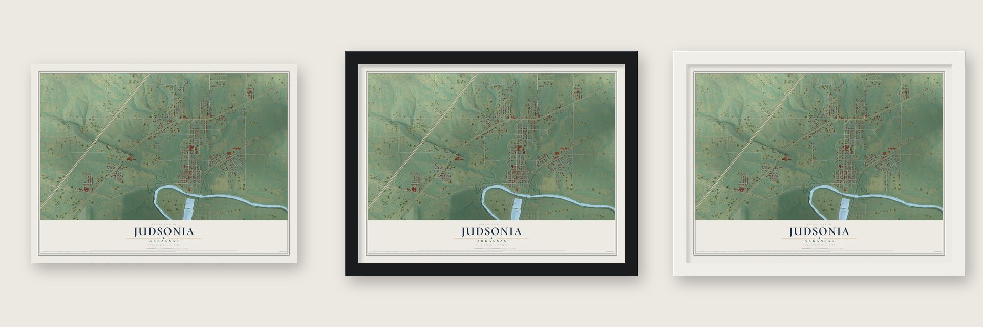 Judsonia, Arkansas map unframed, in a black wood frame and in a white wood frame