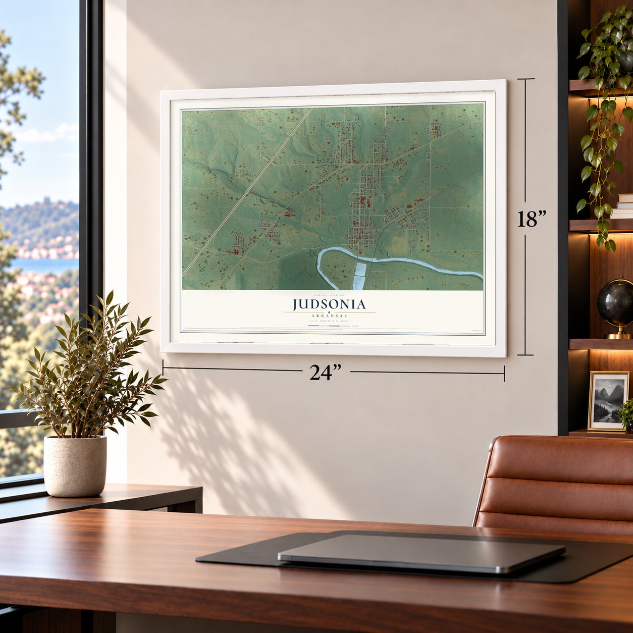 Judsonia, Arkansas map, 18 x 24 inch print in a white frame in a home office