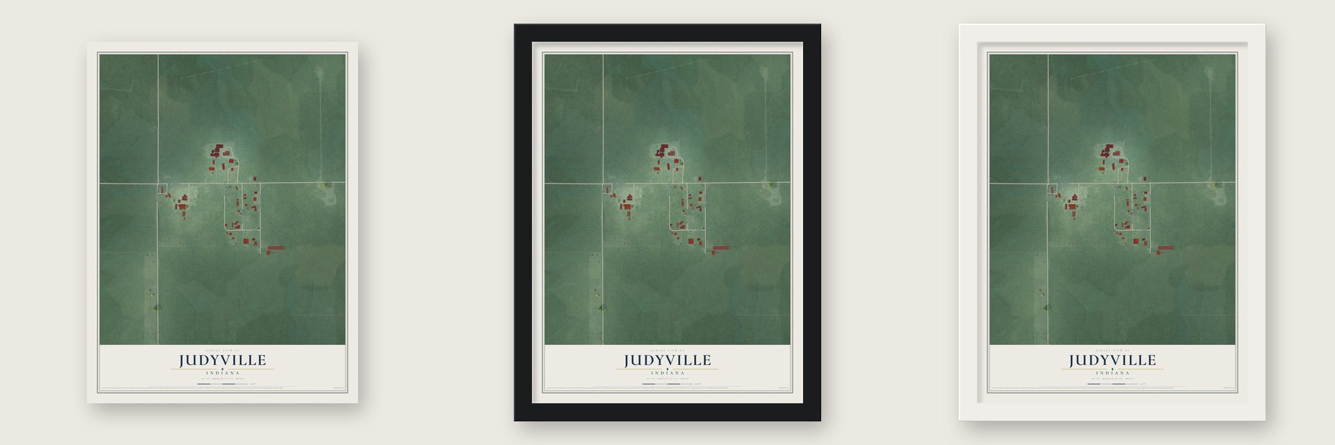 Judyville, Indiana map unframed, in a black wood frame and in a white wood frame