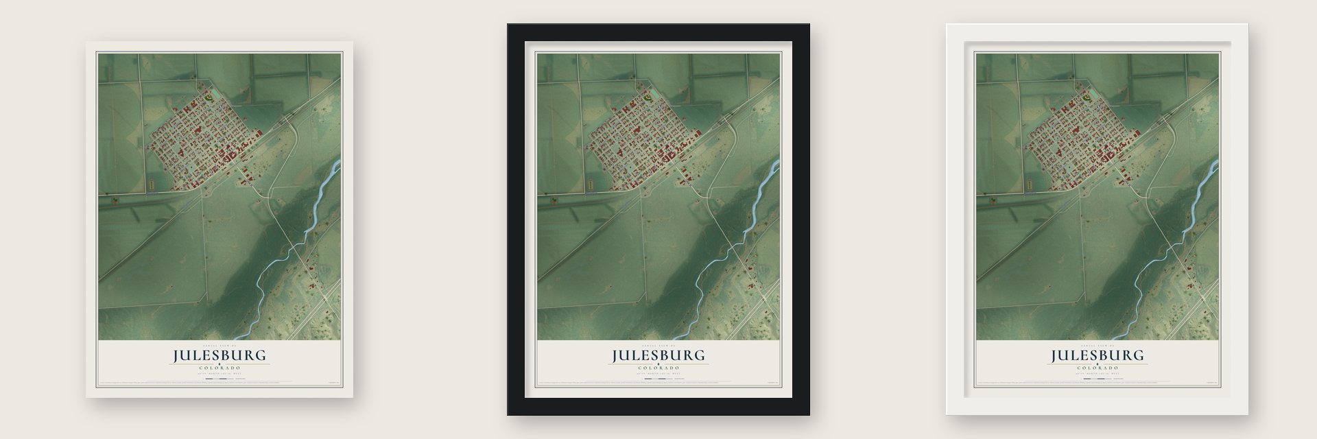 Julesburg, Colorado map unframed, in a black wood frame and in a white wood frame