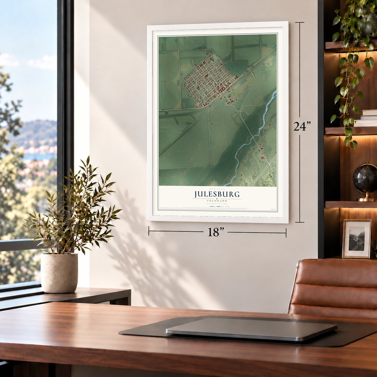 Julesburg, Colorado map, 18 x 24 inch print in a white frame in a home office