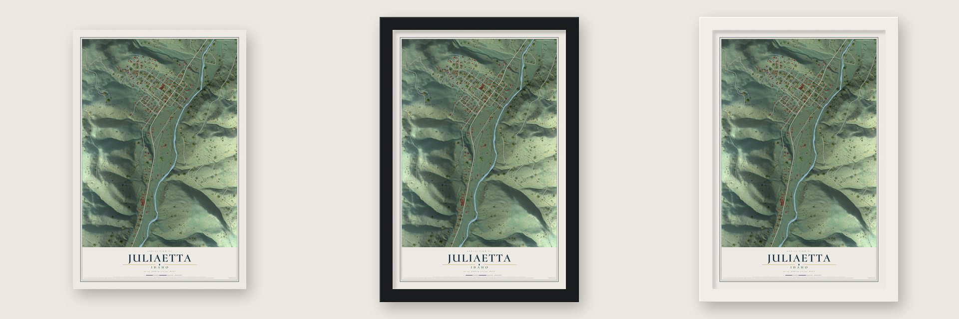 Juliaetta, Idaho map unframed, in a black wood frame and in a white wood frame